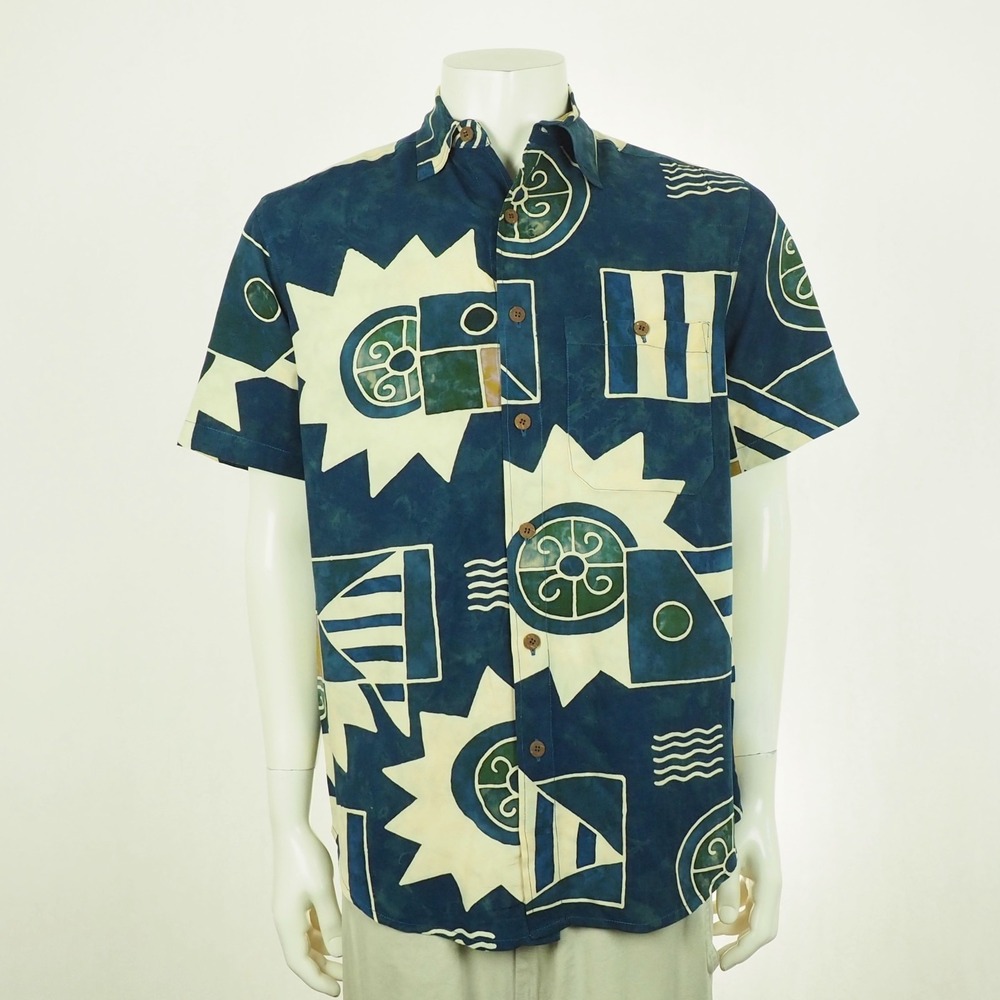 The Territory Ahead Button Down Shirt Mens Small Blue Abstract Island Batik Camp